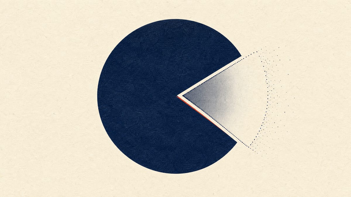 Abstract illustration of a pie-chart-style ownership diagram showing one large dominant block and a smaller wedge fading away, representing a shareholder exit.