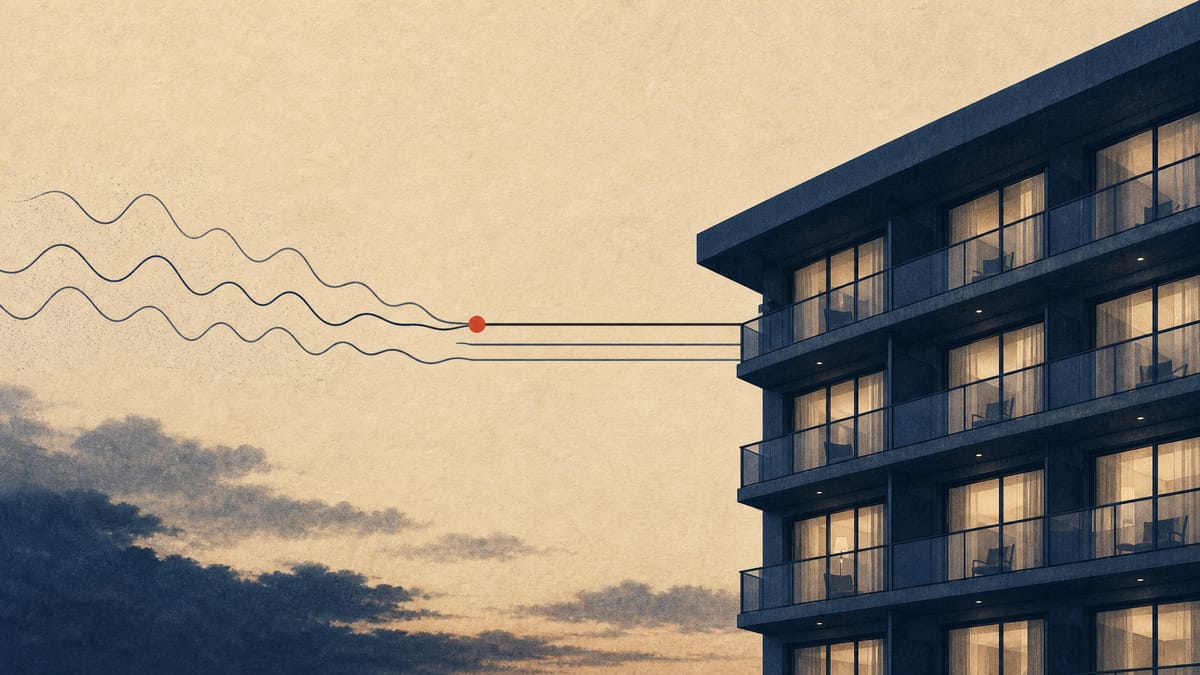 Illustration of a hotel building exterior with an overlaid line graph showing floating interest rates converting into fixed rates.