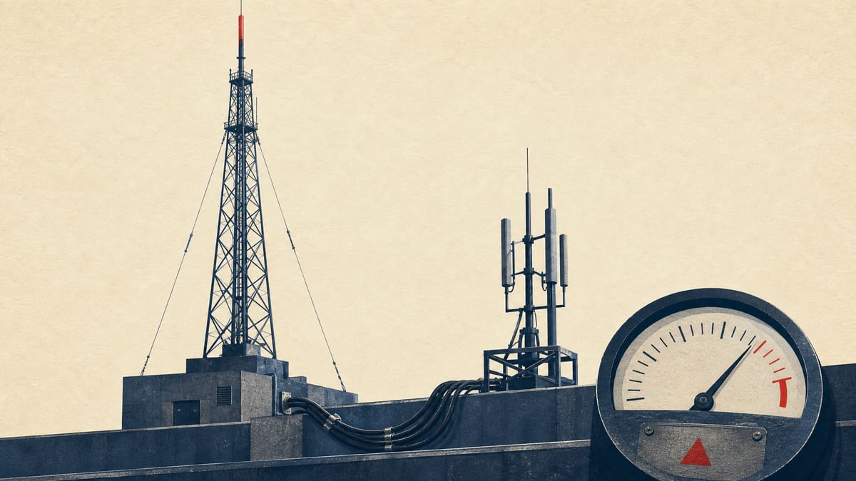 An AM radio transmission mast standing next to a smaller FM antenna array on an equipment rooftop, illustrating Japan's proposed AM-to-FM broadcast transition.