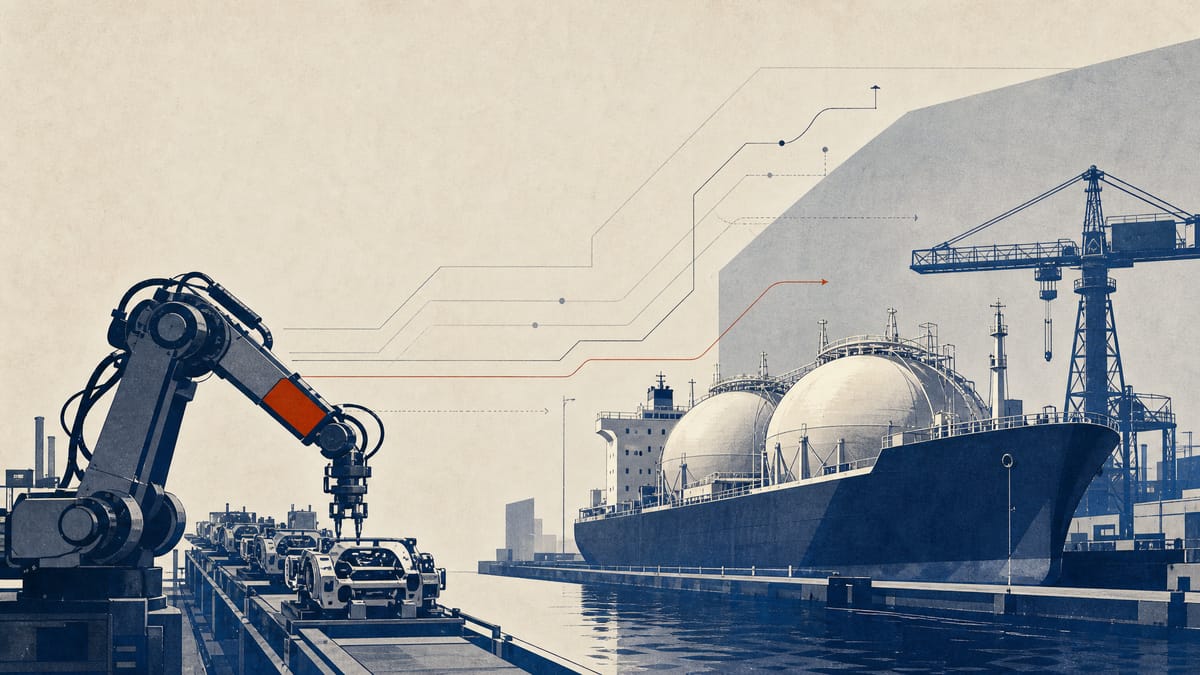Editorial illustration of a robotic arm production line beside liquefied hydrogen storage tanks, with faint overlaid financial flow lines suggesting new capital investment into the plants.