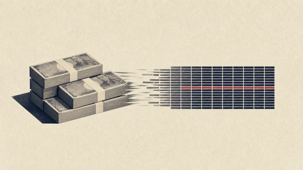 Abstract illustration of stacked yen banknote bundles feeding into a ledger grid of share blocks, symbolizing a large single-day corporate share buyback.