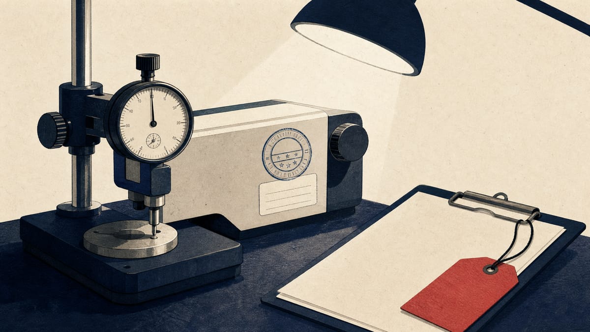 A precision measuring instrument on a calibration bench with a certification tag and a red hold tag beside it, evoking a suspended inspection process.