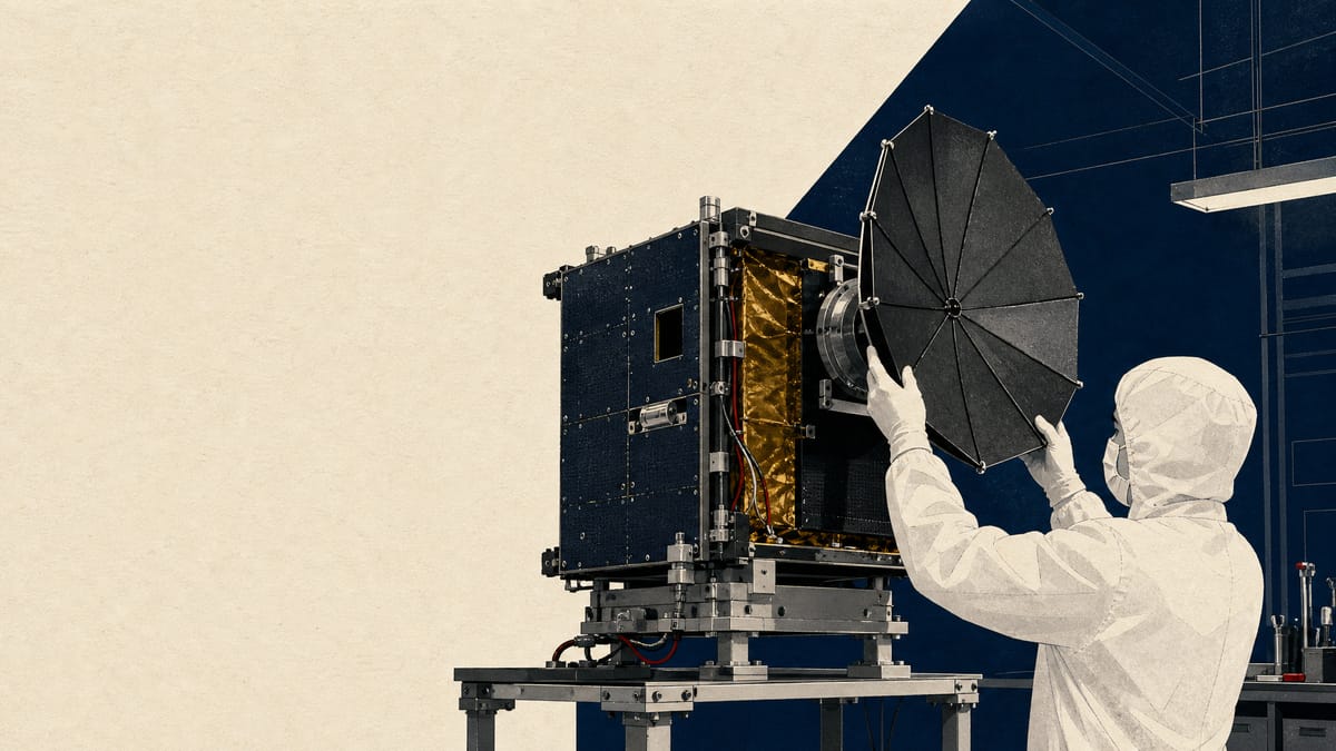 Illustration of a small radar-imaging satellite being assembled in a clean industrial bay, with a technician attaching its folded antenna.