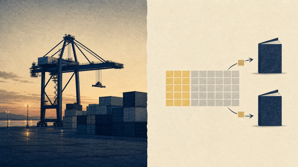 Editorial illustration of a quiet container port terminal alongside an abstract graphic of ownership blocks being split and lent between two ledger icons, representing a concentrated shareholder lending out shares.