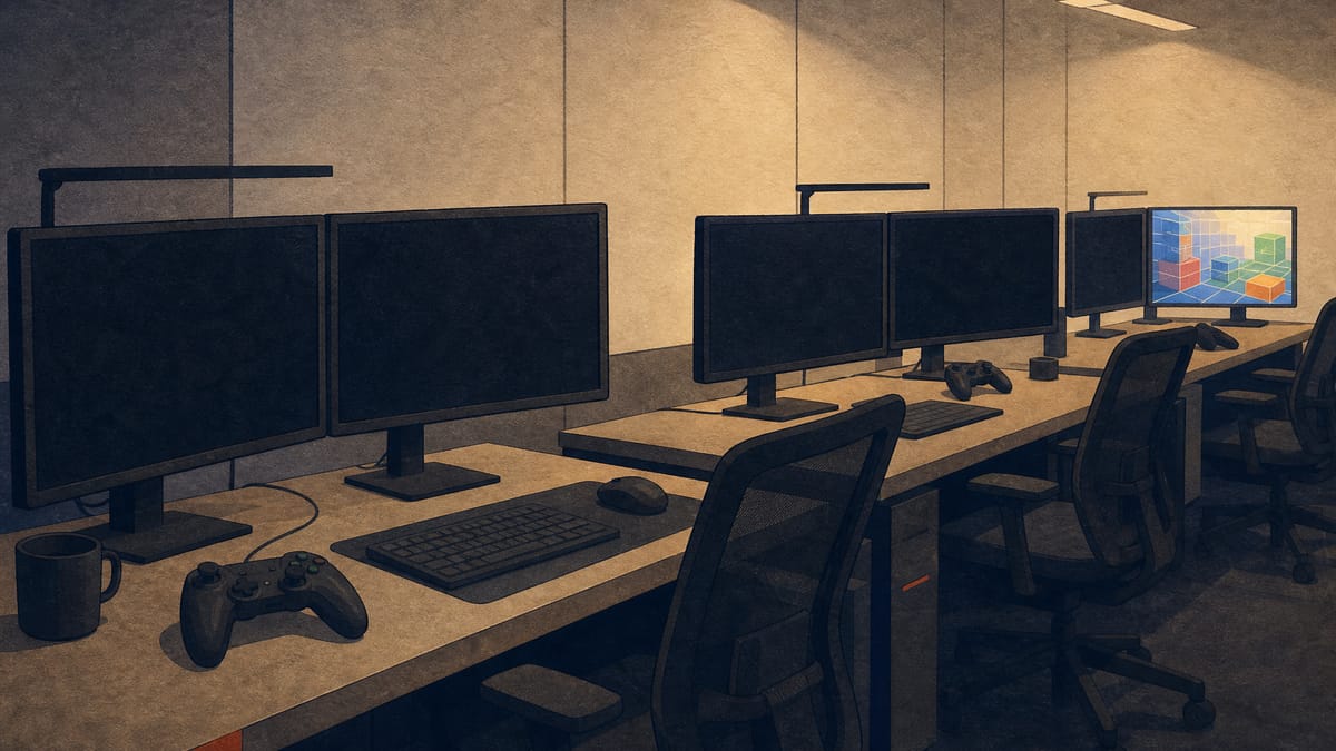Empty game-development workstations with dark monitors and idle controllers, one screen lit with abstract wireframe game graphics.