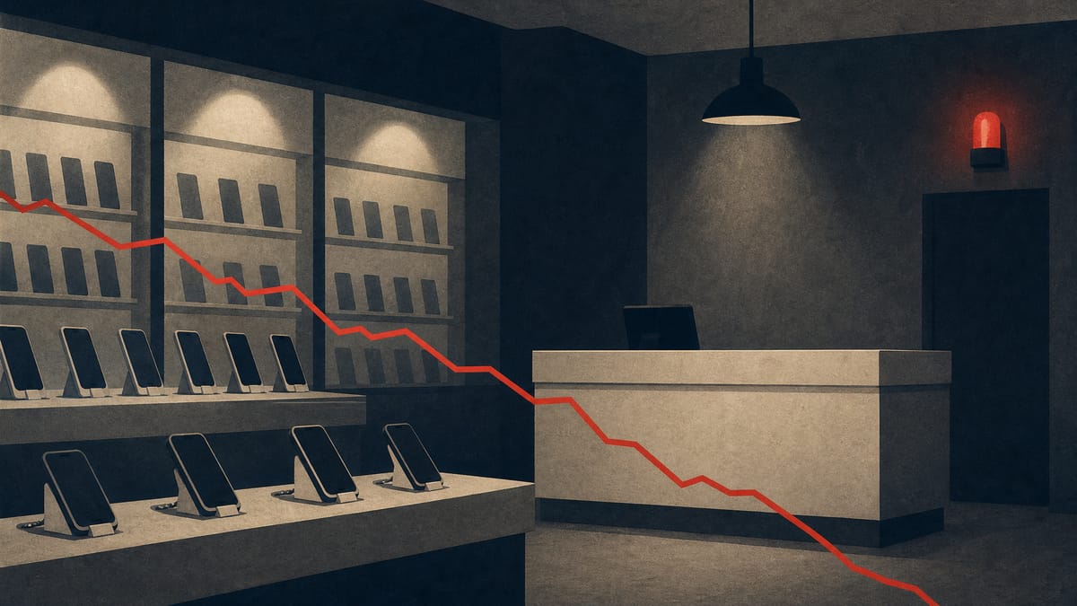 Editorial illustration of a dim mobile-phone retail counter with a red ledger line crossing through it, evoking a company breaching its loan covenants.