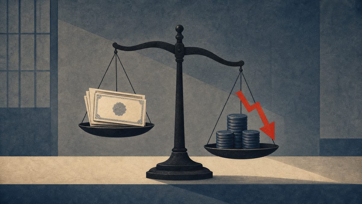 Illustration of a balance scale weighing bond certificates against a stack of coins marked with a loss symbol, representing a bank using securities-sale gains to offset a bad debt loss.