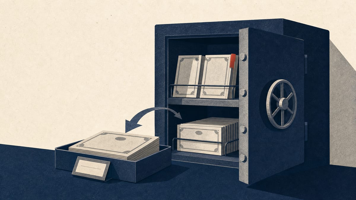 Illustration of paper share certificates being moved into a corporate treasury vault, representing a large stock buyback settlement.