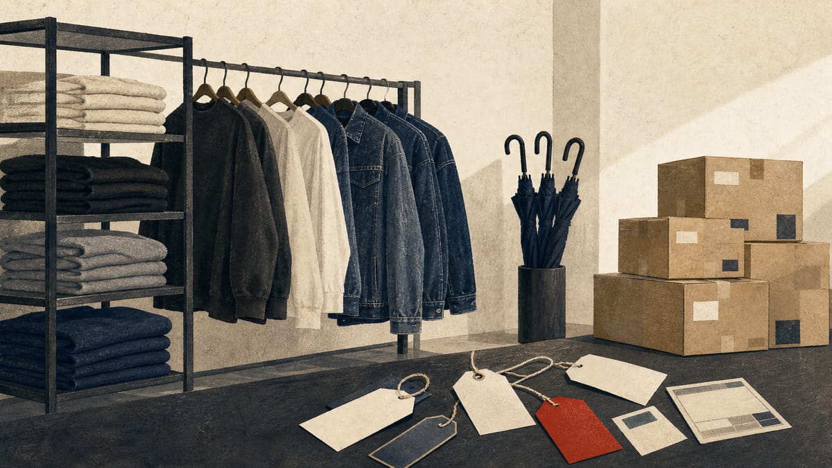 Warehouse scene with racks of folded streetwear next to stacked umbrellas and shipping cartons, evoking a retail group blending higher- and lower-margin product lines.