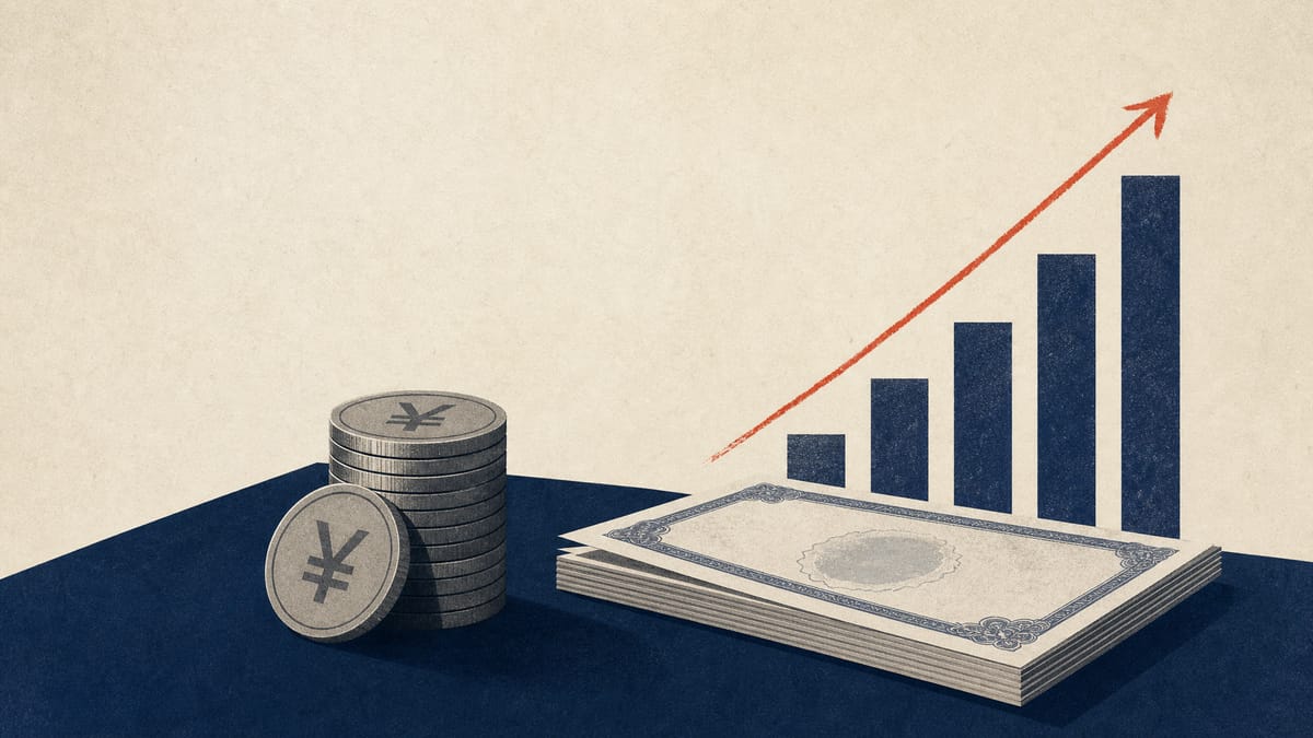 Illustration of stacked yen coins next to a stock ledger and a rising bar chart, representing a corporate share buyback decision.