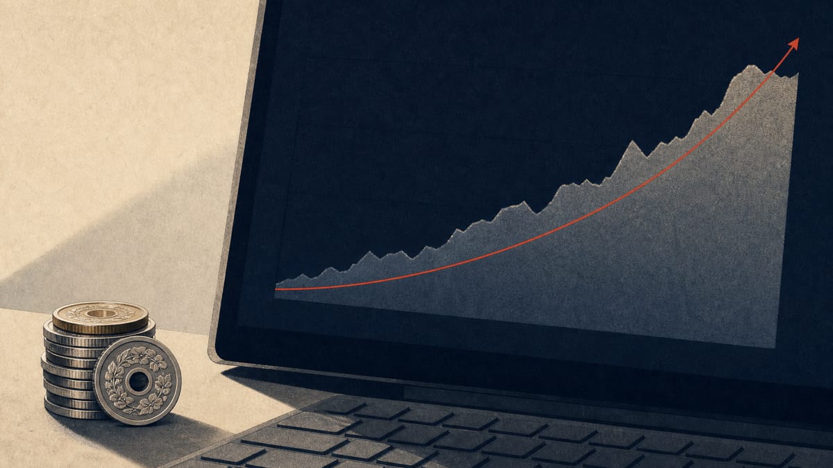 Illustration of a corporate treasury dashboard tracking a rising digital asset balance next to a small stack of yen coins, symbolizing a company's growing cryptocurrency holdings.