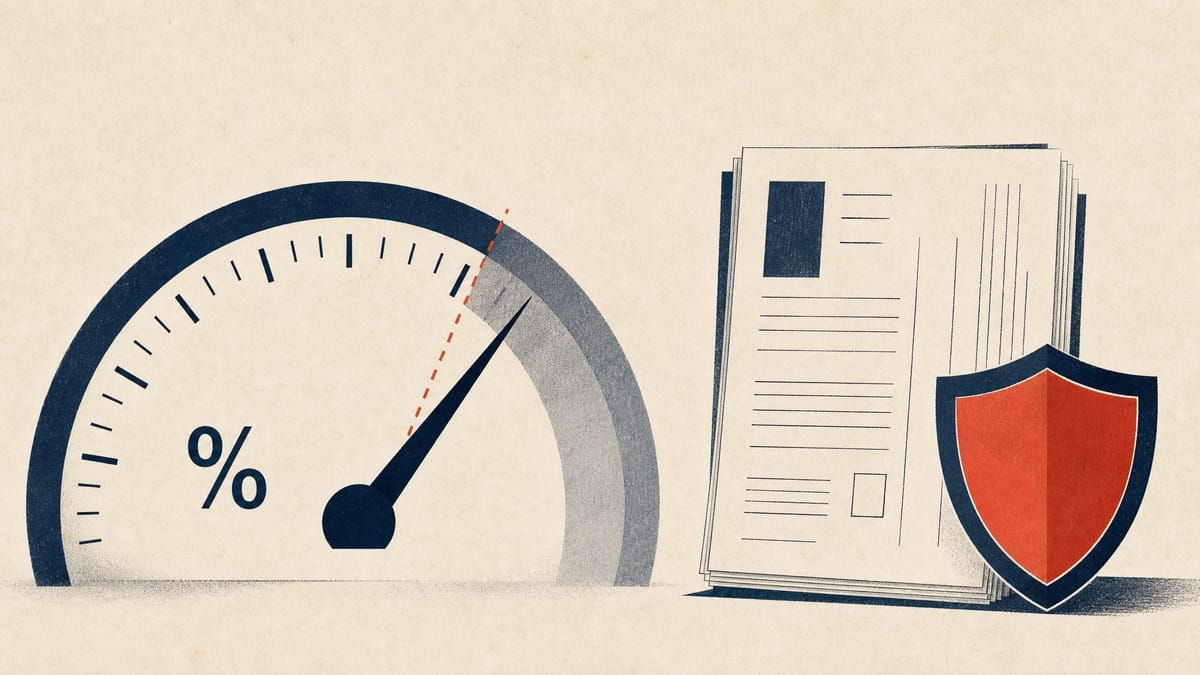 Illustration of a percentage dial needle crossing a 30 percent ownership threshold next to a stack of regulatory filing documents and a shield icon symbolizing a corporate takeover defense.