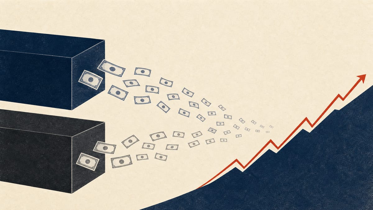 Illustration of two large corporate blocks releasing a stream of share units into a public stock market chart, representing a secondary share sale.