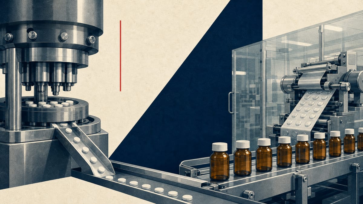 Editorial illustration of a pharmaceutical tablet manufacturing line with blister-pack machinery and rows of medicine bottles on a conveyor belt.