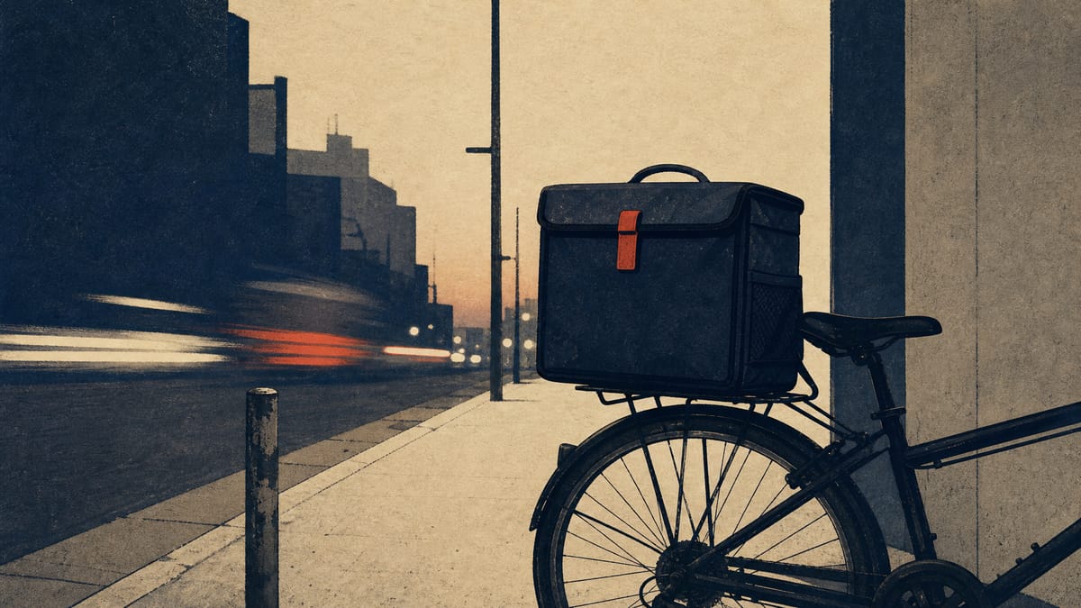 An insulated food-delivery bag strapped to a parked bicycle on a dim city street, evoking Japan's food-delivery business without showing any branding.