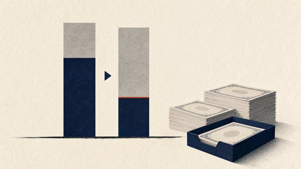 Illustration of a shareholding percentage bar shrinking beside stacked share certificates, representing a company reducing its stake through a tender offer.
