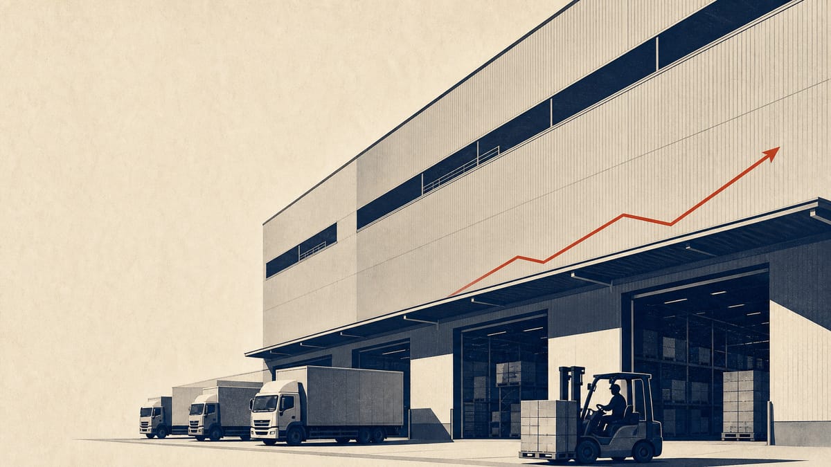 Illustration of a multi-story logistics warehouse with loading docks, trucks and forklifts, evoking a Japanese REIT's debt-funded warehouse acquisitions.