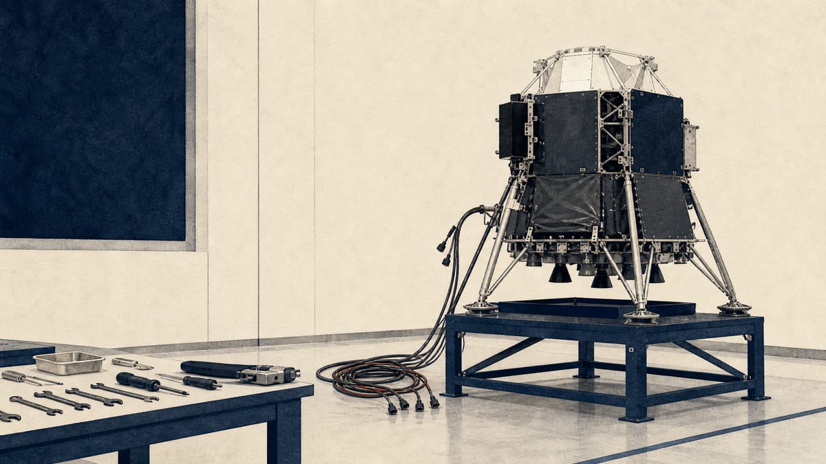 A lunar lander test article stands on a workshop platform in a clean room, its cabling unplugged and tools set aside, suggesting a paused development program.