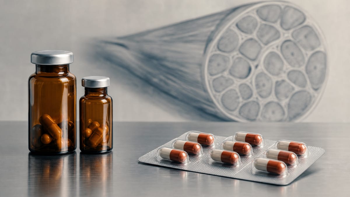 Amber vials and a blister pack of oral capsules on a lab counter with a blurred muscle-fiber illustration behind them.