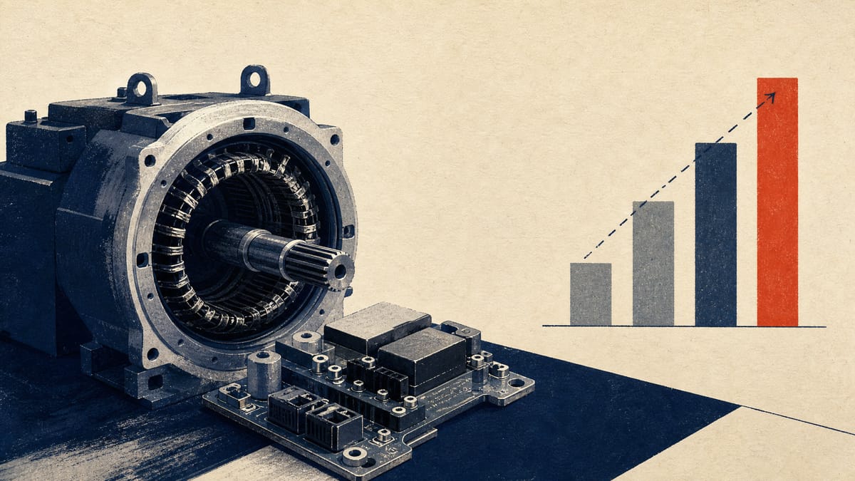 Railway traction motor components on a factory workbench beside an abstract chart suggesting a rising ownership stake.