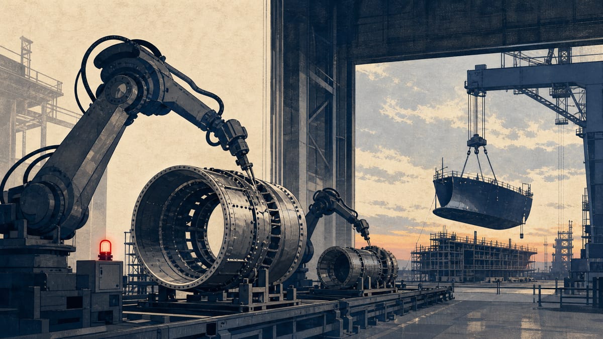 Editorial illustration of a heavy-industrial factory combining robotic aircraft-engine assembly with a shipyard hull under construction, representing Kawasaki Heavy Industries' capital spending on aerospace, robotics and shipbuilding plants.