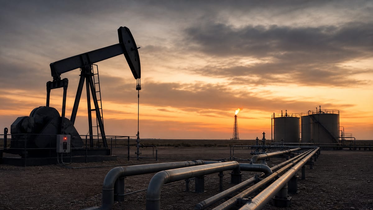 Illustration of a Texas shale gas well pad with a pump jack, pipelines, and storage tanks at dusk.