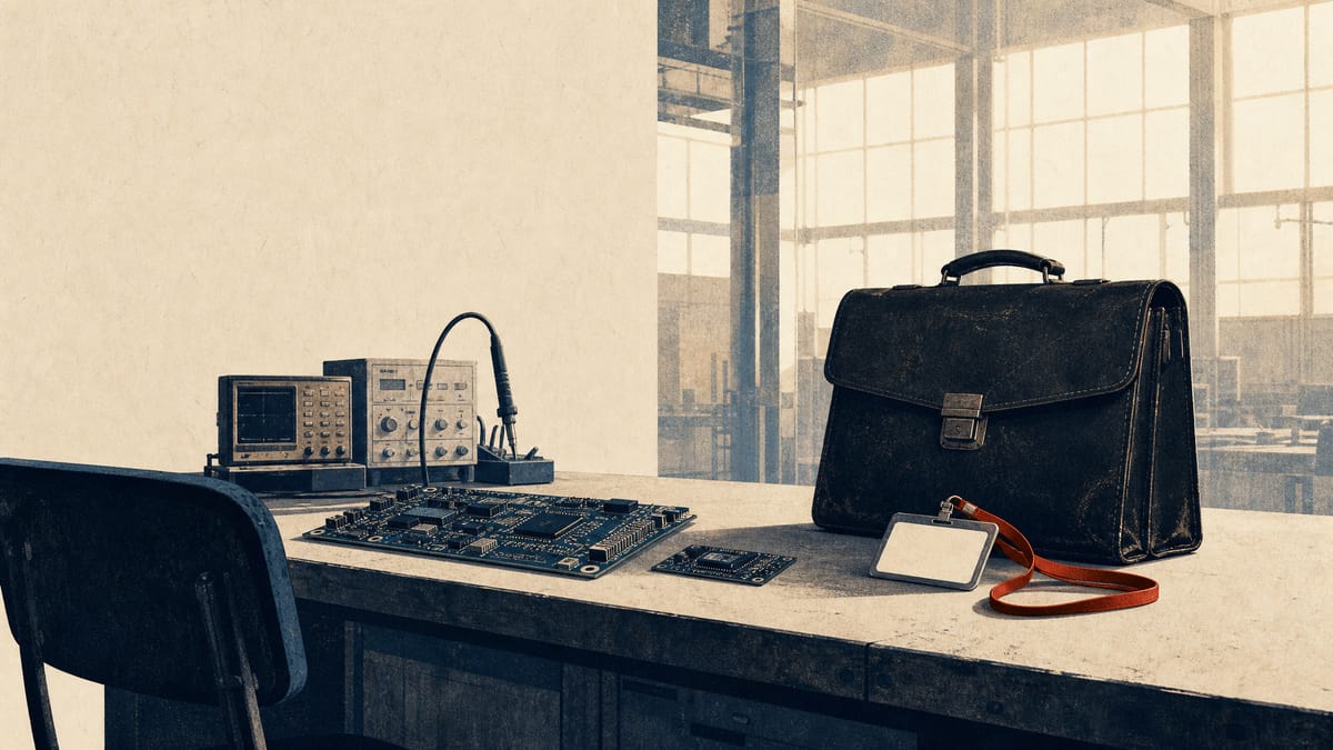 An empty electronics workstation with circuit boards, a briefcase and an employee badge, evoking a voluntary retirement program.