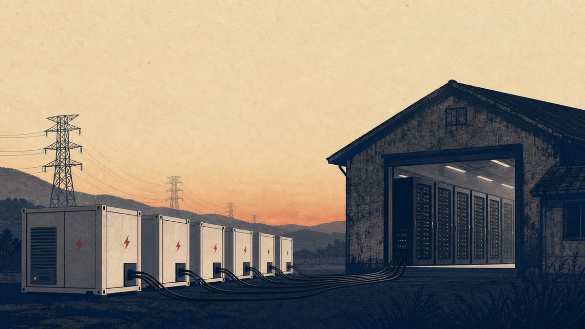 Battery storage containers connected to a repurposed building housing GPU server racks, illustrating a proposed pairing of energy storage with AI computing infrastructure.