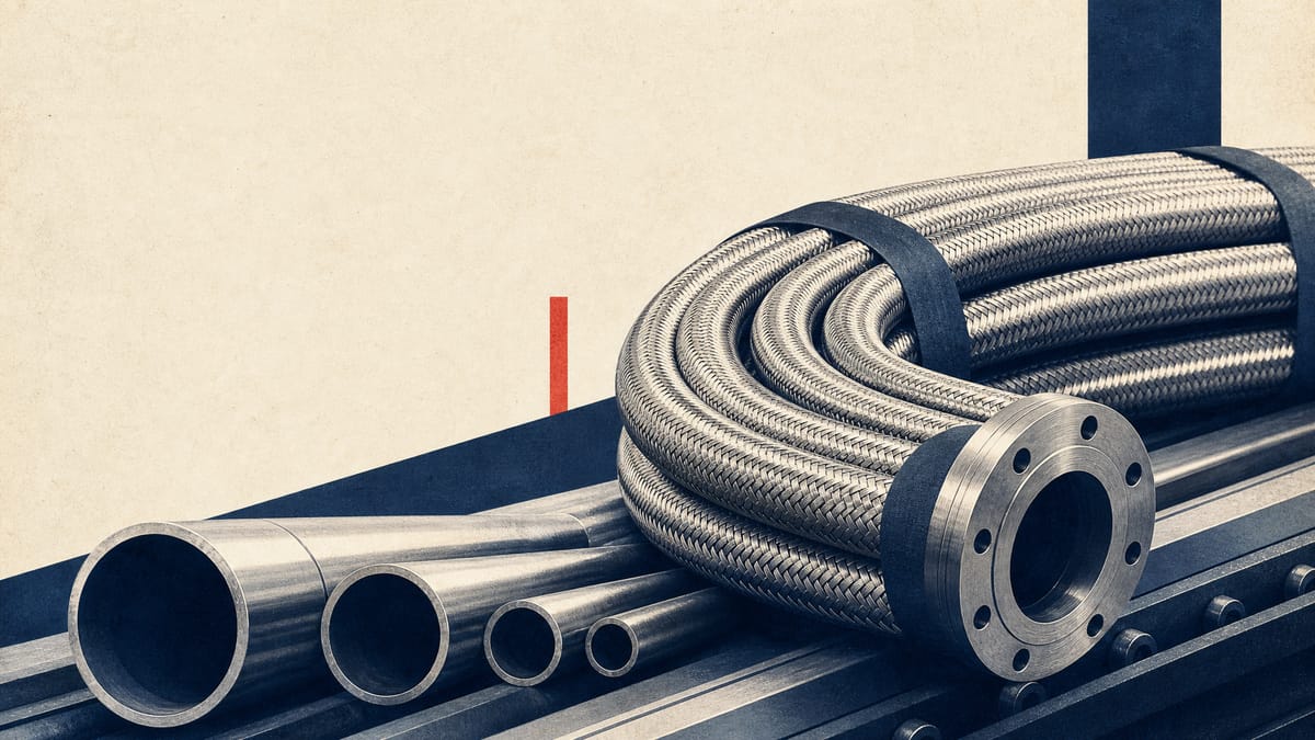 Coiled stainless-steel flexible pipe fittings on an industrial production line, representing piping systems used in clean-energy and semiconductor facilities.