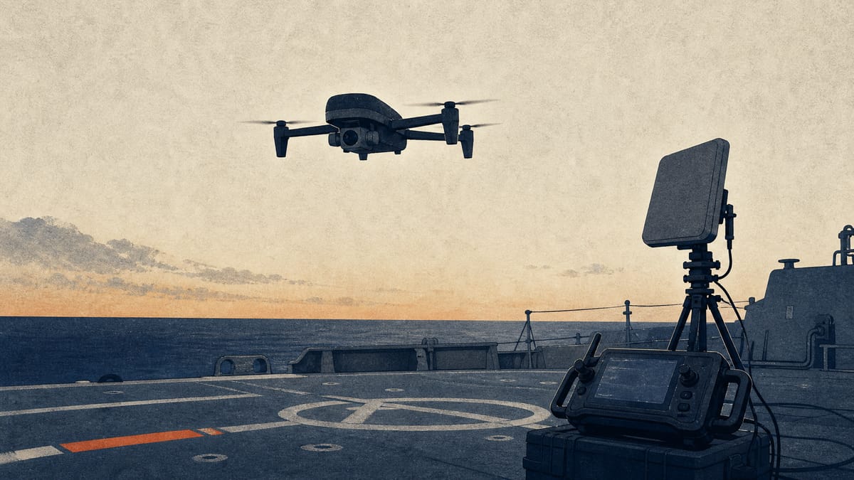 An interceptor drone hovering above a naval vessel deck during a demonstration trial, with ground-control equipment set up nearby.