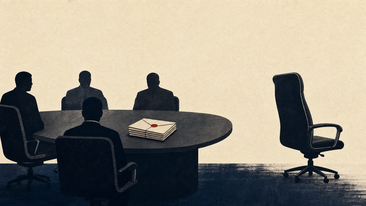 Illustration of a boardroom table with an empty chair turned away from other seated figures and unopened certified-mail envelopes on the table, symbolizing a director who would not respond during a corporate governance investigation.