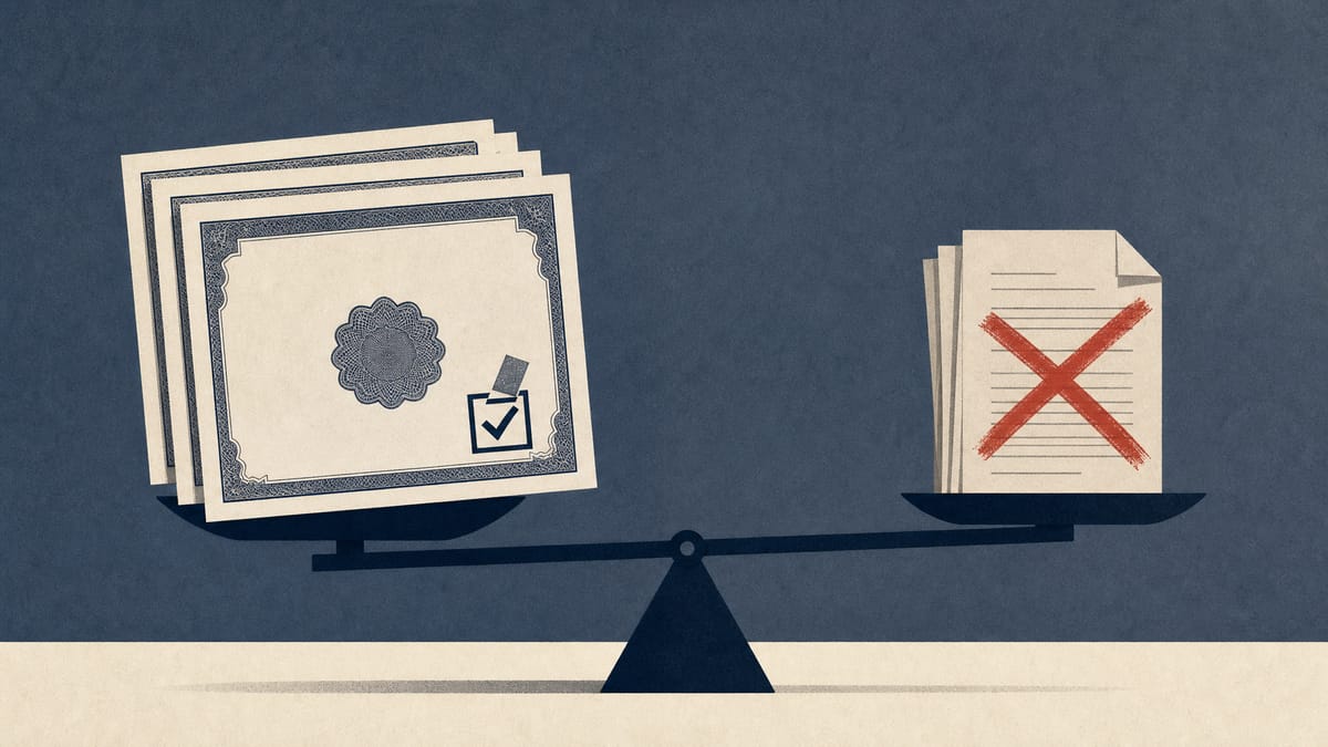 Illustration of oversized stock certificates marked with small voting-ballot icons balanced against a shrinking stack of crossed-out loan documents, representing a share placement used to repay debt while granting full voting rights.