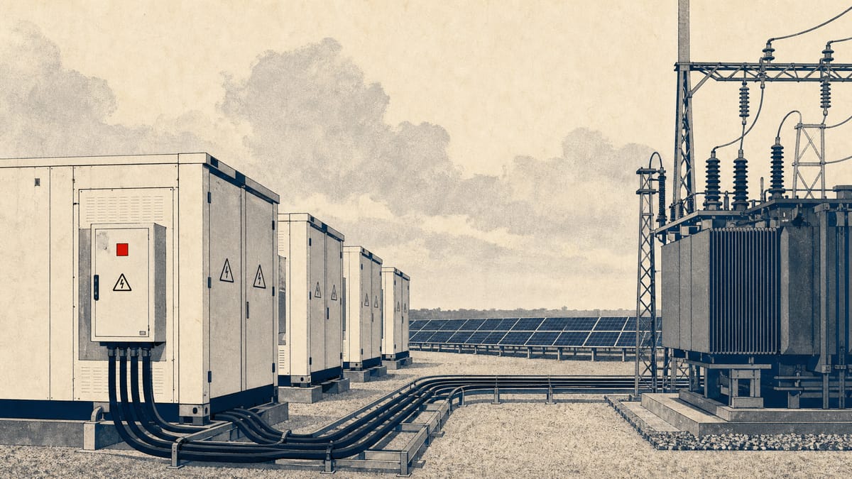 Grid-scale battery storage containers connected to a substation, with solar panel arrays visible in the background.