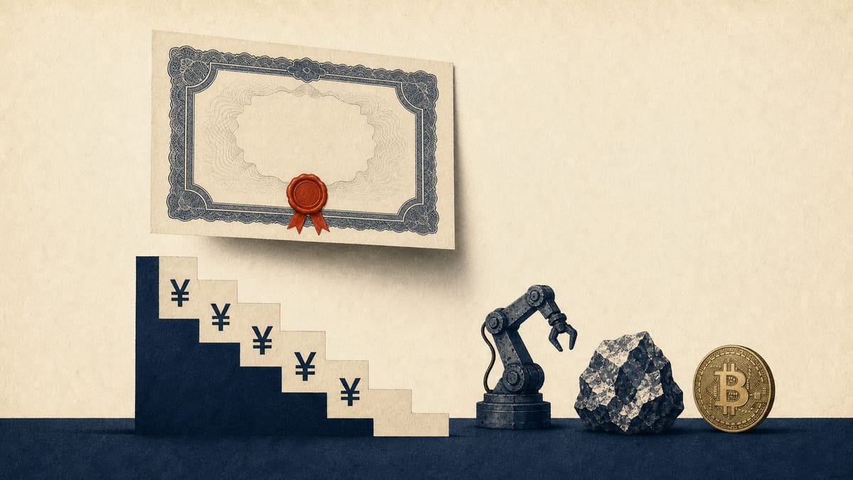 Illustration of a convertible bond certificate over a descending staircase of yen figures, next to a small robotic arm, a raw ore sample and a bitcoin coin, symbolizing a diversified capital raise with a resetting conversion price.