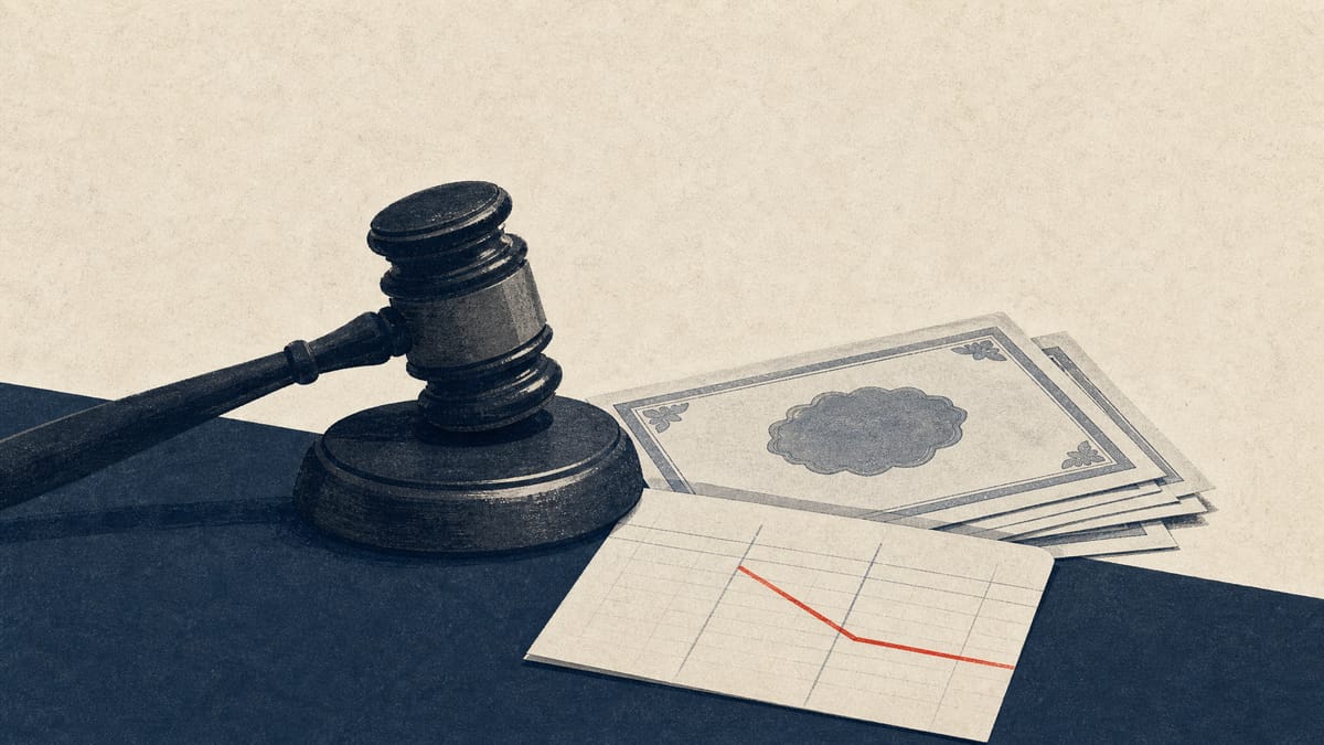 Illustration of a gavel next to stacked share certificates and a shareholder ownership ledger, representing a legal challenge to a corporate takeover defense.