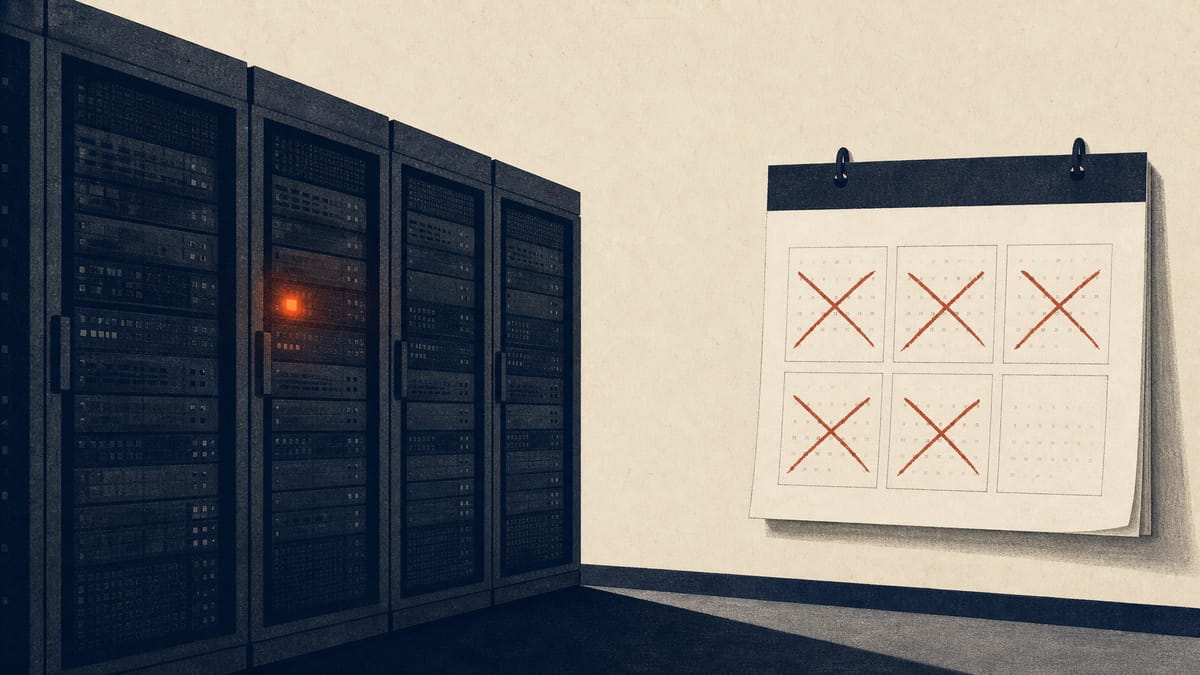 Illustration of a server rack with a warning light beside a calendar showing crossed-out months, representing a company's delayed earnings disclosure after a ransomware attack.