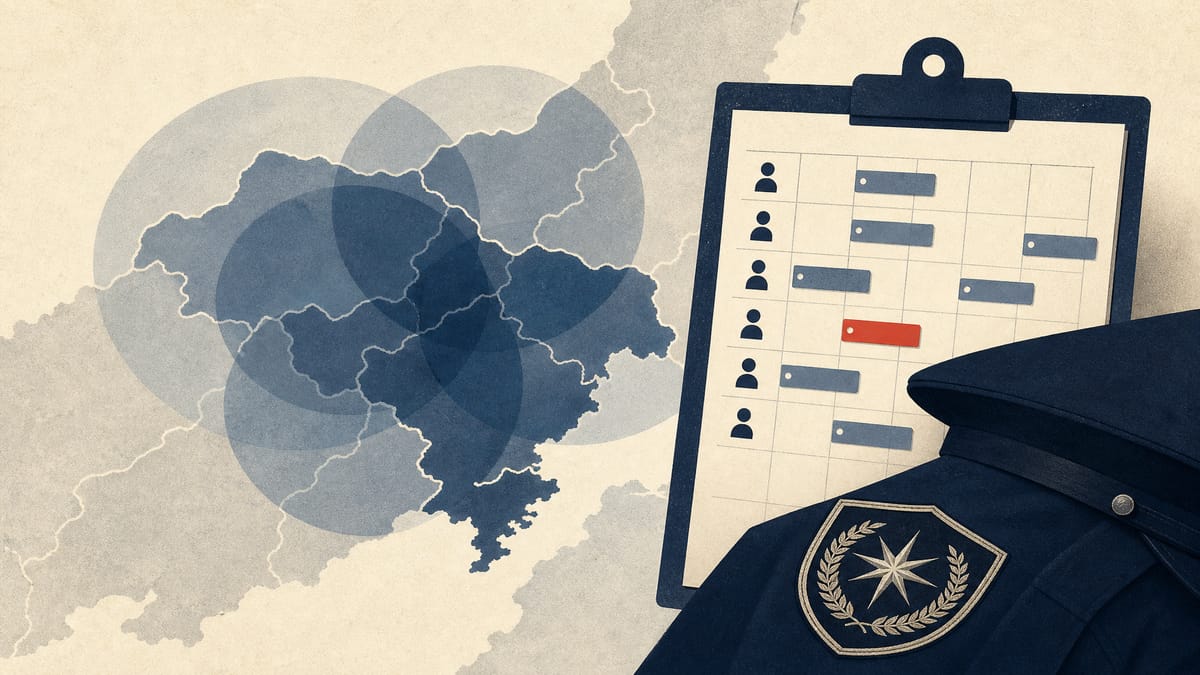 Illustration of a security-guard badge and duty roster overlapping a map of regional service zones, symbolizing the pooling of security workforces across Kanto.