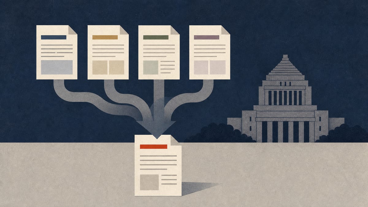 Illustration of multiple separate incident-report forms converging into one unified reporting form, symbolizing Japan's proposed single cyberattack reporting format.
