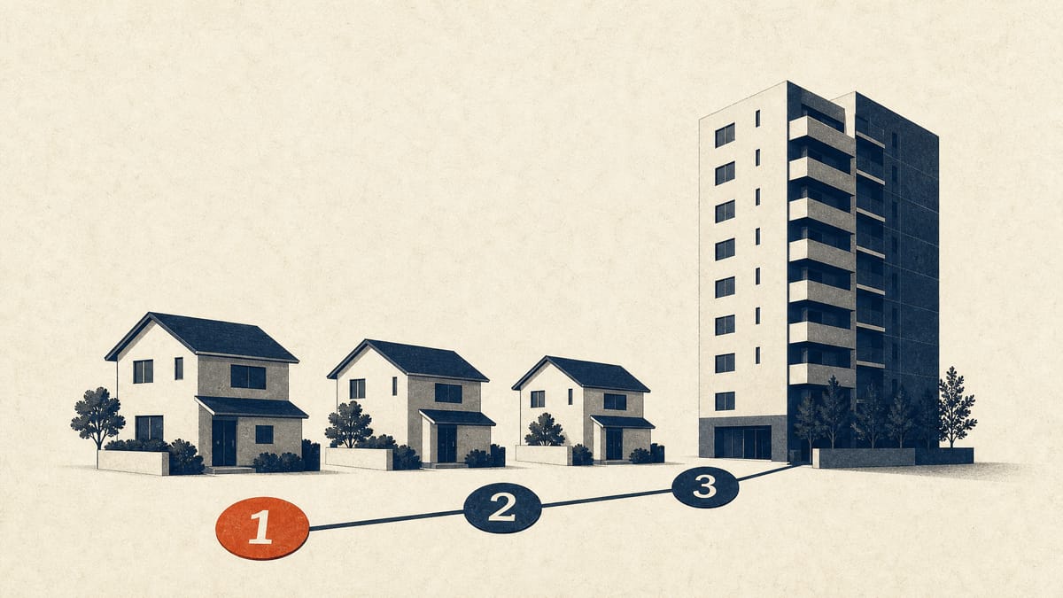 Illustration of detached houses and an apartment block linked by numbered priority tokens representing a real estate investment acquisition queue.