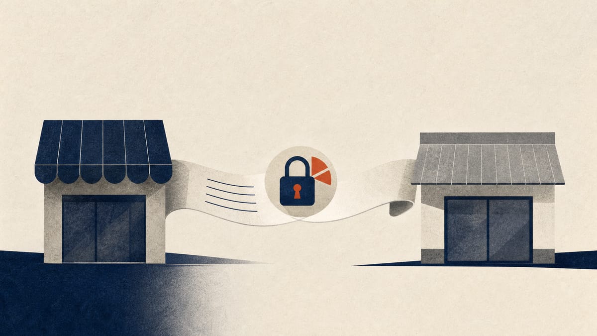 Illustration of two linked storefronts with a padlock symbol over a percentage marker, representing a capped equity stake under a business alliance.