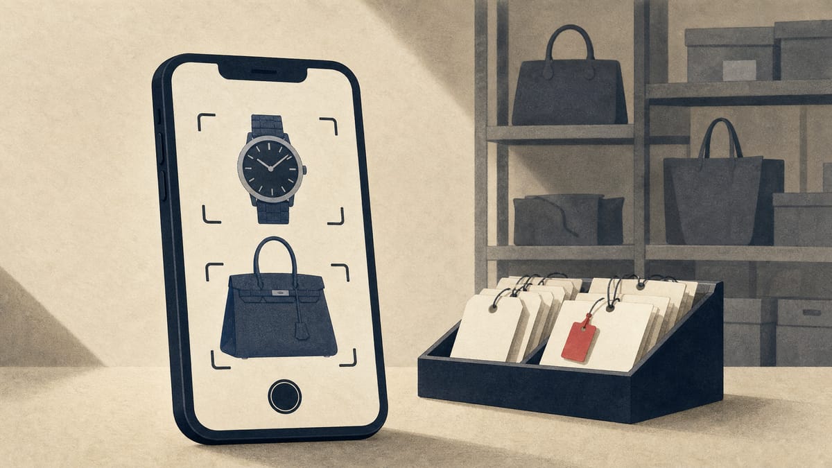 Editorial illustration of a smartphone appraising a watch and handbag beside secondhand retail inventory tags, representing a leaseback and resale technology acquisition.