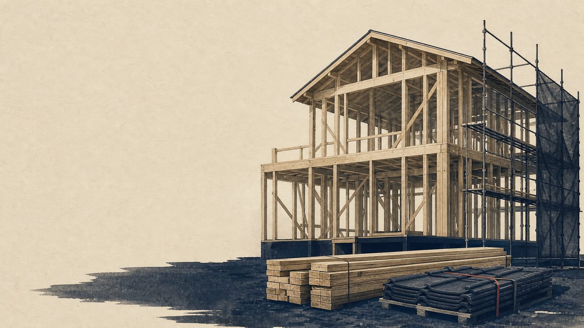 Editorial photograph of a wooden house frame under construction with scaffolding, representing a homebuilder's business changing hands.
