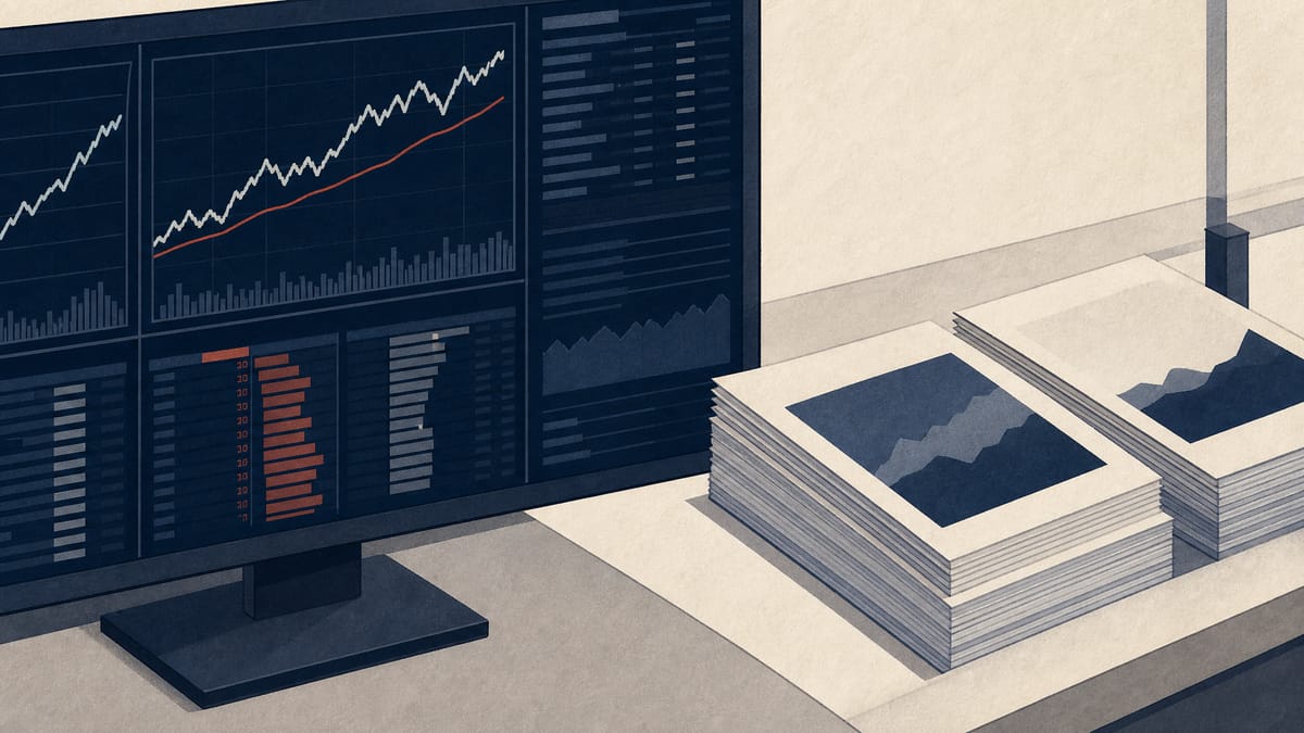 Trading terminal screens with rising stock charts next to investment trust brochures on a brokerage counter.