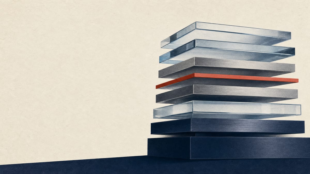 Illustration of stacked layered blocks of varying thickness representing tranches of subordinated bonds arranged by seniority, in navy and steel tones with a thin red accent line.