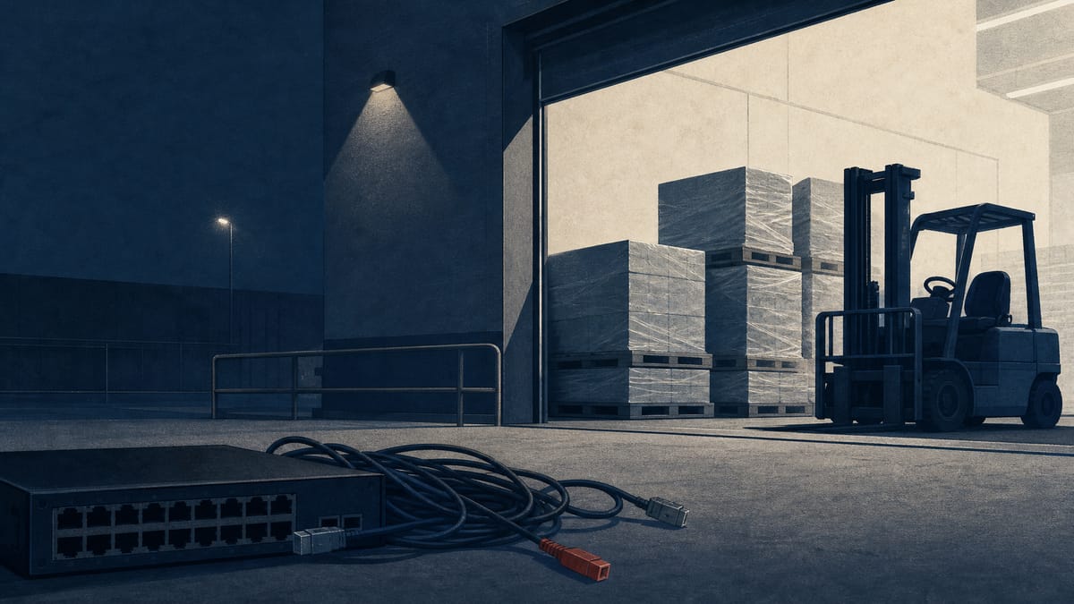 An idle refrigerated warehouse loading dock with stacked frozen-food pallets and unplugged server cables in the foreground, representing a systems shutdown after a cyberattack.