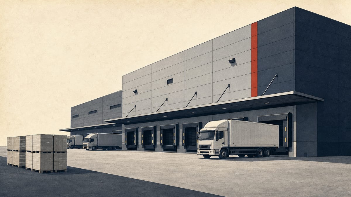 Editorial illustration of a large logistics warehouse with loading docks and delivery trucks, representing Japan's industrial real estate market.