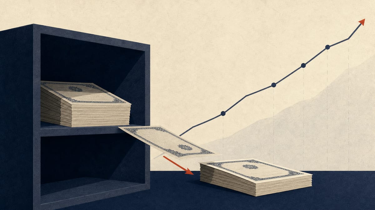 Illustration of stacked share certificates being removed from a shelf beside a rising ledger line, representing a company selling cross-held shares for incremental gains.