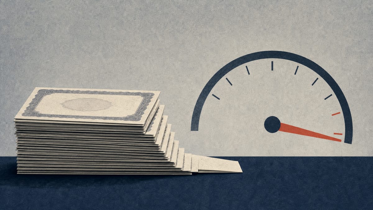 Illustration of a shrinking stack of share certificates beside a declining ownership-percentage gauge, representing an investor trimming a large stake in a listed company.