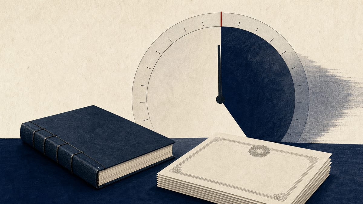 Abstract illustration of a circular ownership-percentage gauge crossing a 5 percent threshold, next to a small ledger book and blank stock certificates, in navy and charcoal tones with a vermillion accent.