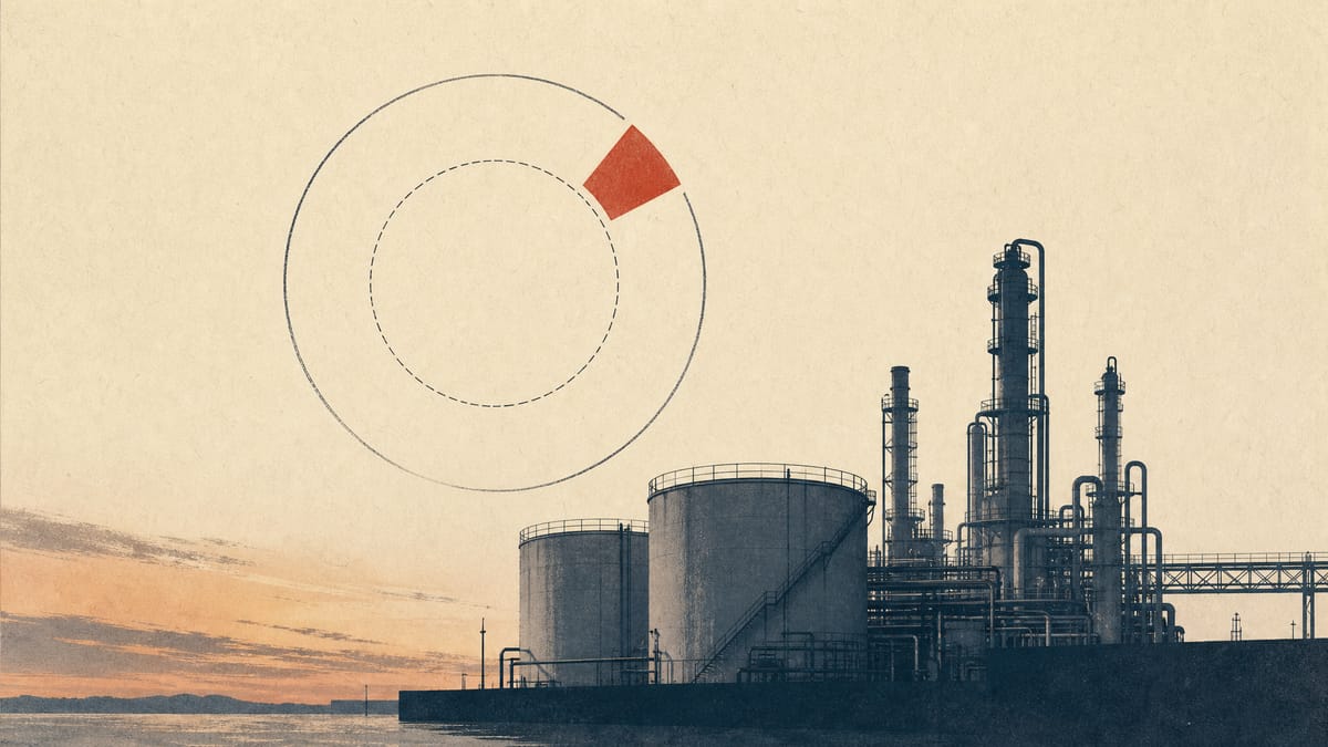 Editorial illustration of a chemical plant with an abstract circular ownership-stake diagram overlay symbolizing a minority shareholder's position.